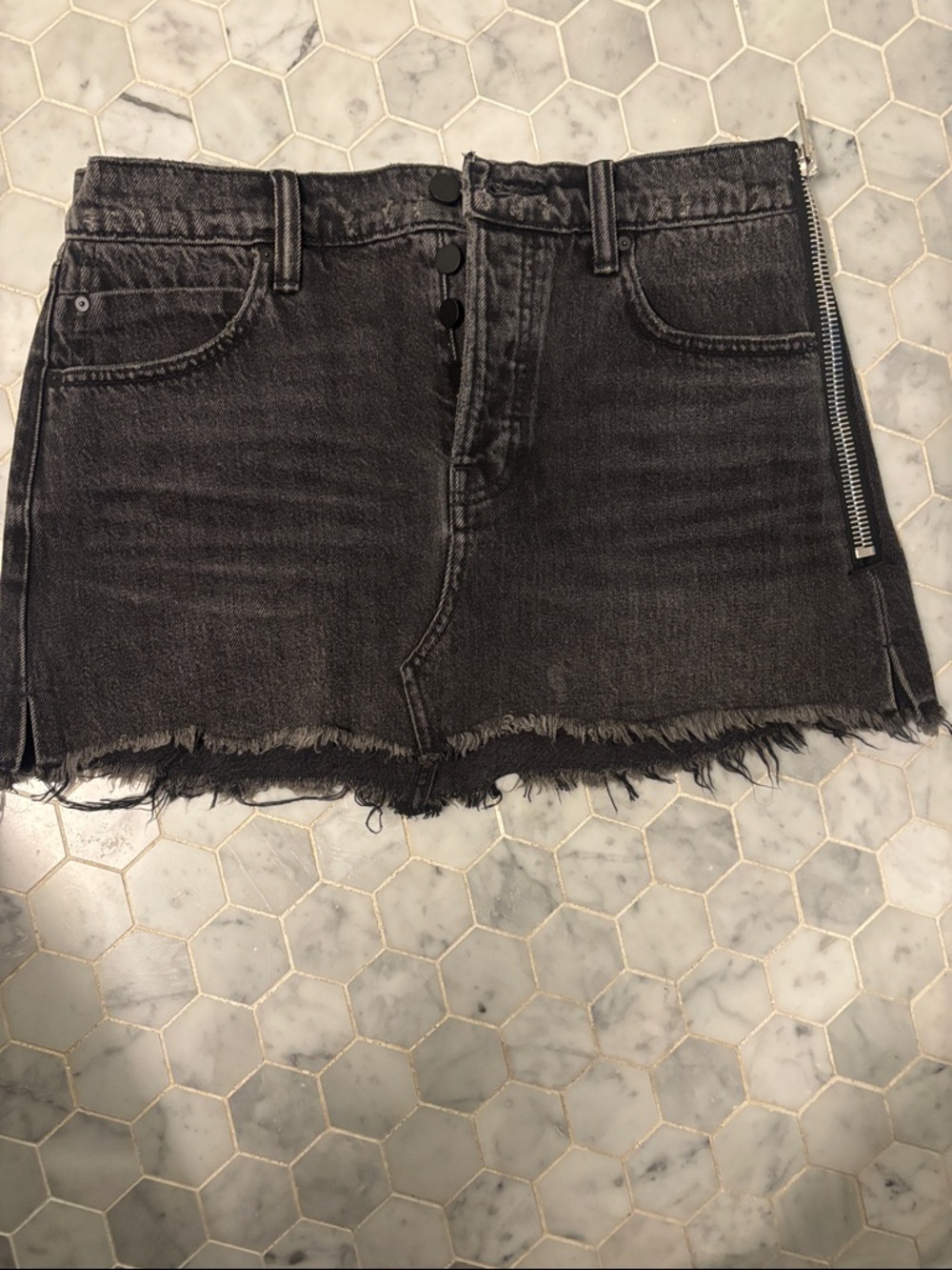 Alexander Wang Black Washed Frayed Denim Mini Skirt